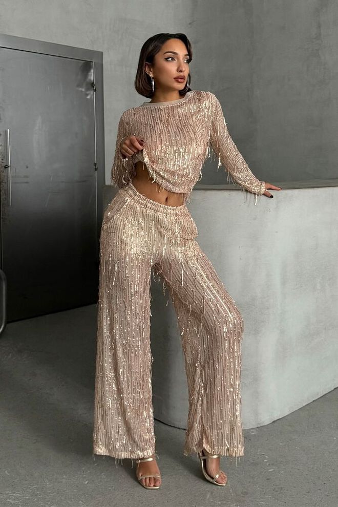 Topshow Stone Gold Sequined Tulle Trousers Wholesale Clothing Glam