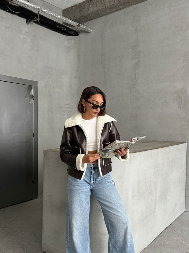 Topshow Coffee Cream Laminated Leather Zippered Coat Wholesale Clothing 2