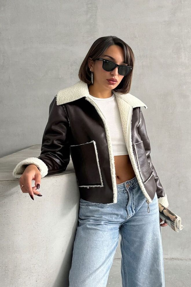Topshow Coffee Cream Laminated Leather Zippered Coat Wholesale Clothing Casual