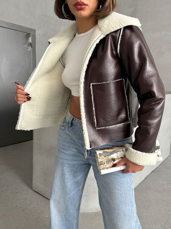 Topshow Coffee Cream Laminated Leather Zippered Coat Wholesale Clothing Fall