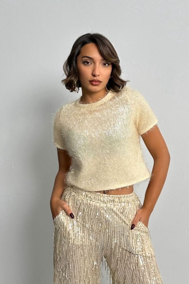 Topshow Blusa Franjas Glitter Creme F1832 Roupas por atacado Elegante