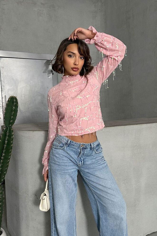 Topshow Pink Fringed Blouse Wholesale Clothing Glam