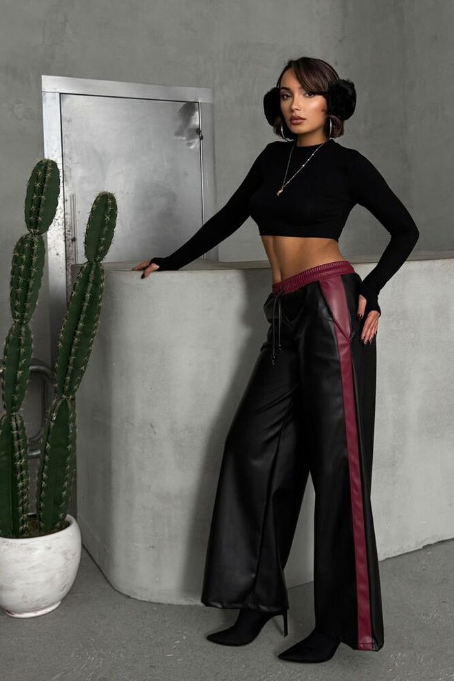 Topshow Black Burgundy Leather Trousers Wholesale Clothing Casual