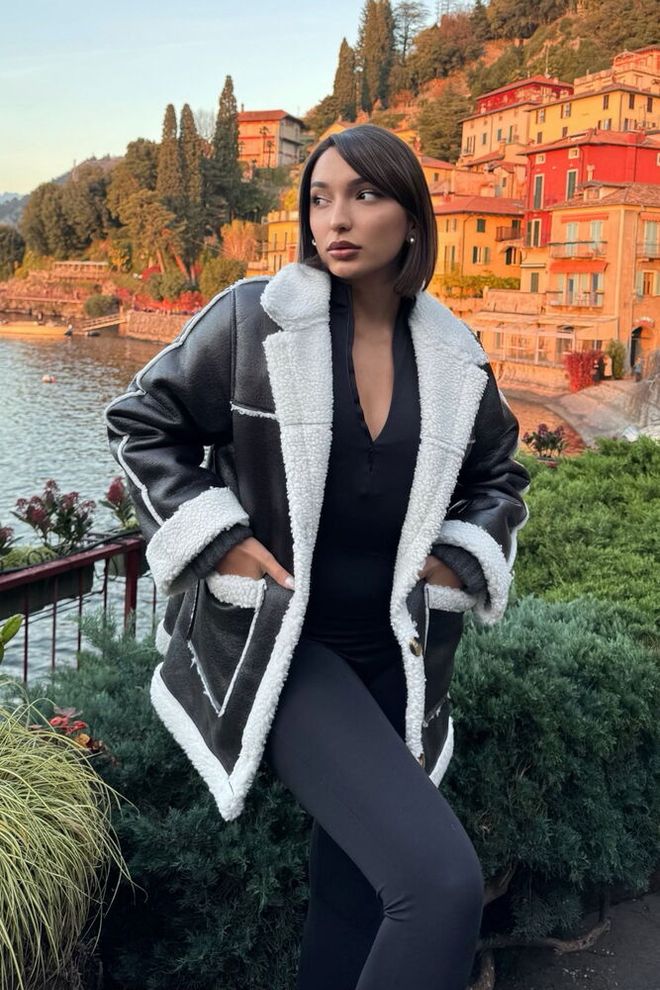 Topshow Manteau De Fourrure En Cuir Crème Noir Vêtements en gros Décontracté