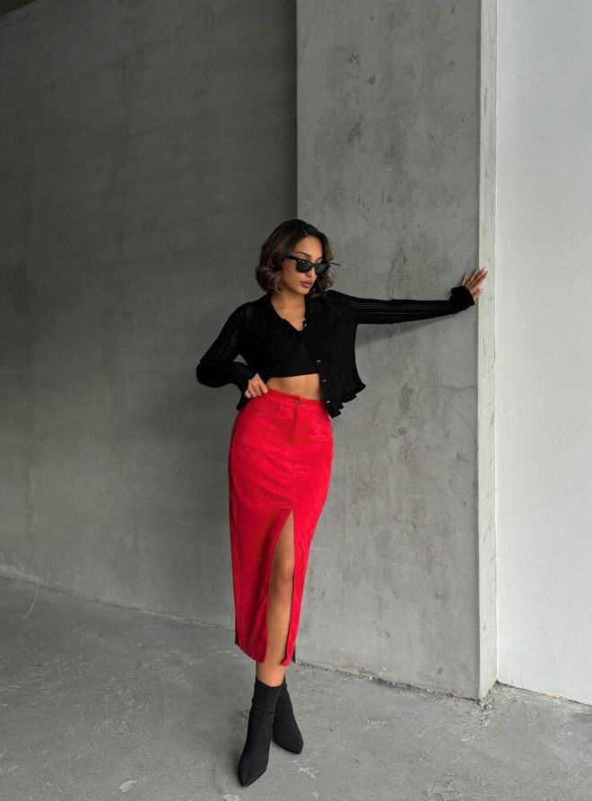 Topshow Red Suede Skirt Wholesale Clothing Polyester
