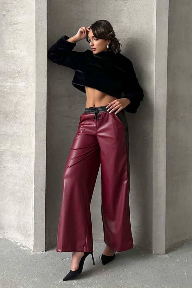 Topshow Claret Red Black Leather Trousers Wholesale Clothing Casual
