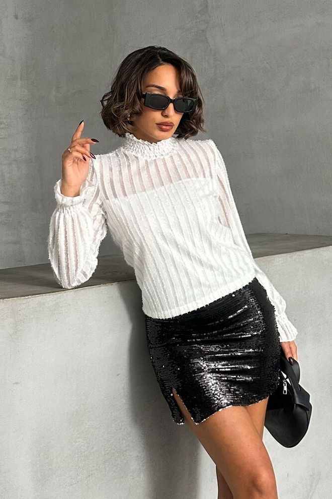 Topshow Camicetta All'ingrosso Con Barba Glitterata Bianca Abbigliamento all'ingrosso Elegante