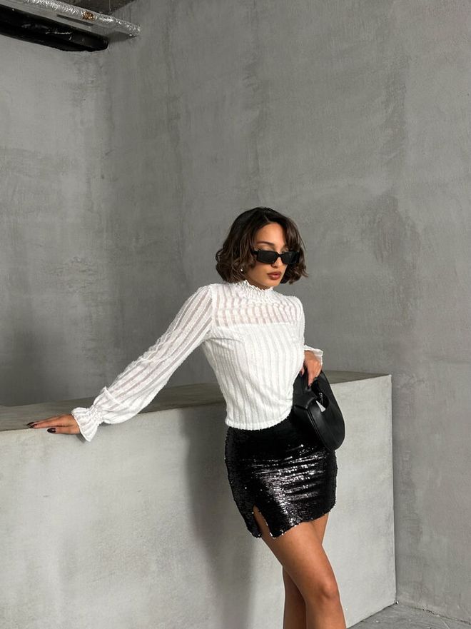 Topshow Camicetta All'ingrosso Con Barba Glitterata Bianca Abbigliamento all'ingrosso Poliestere