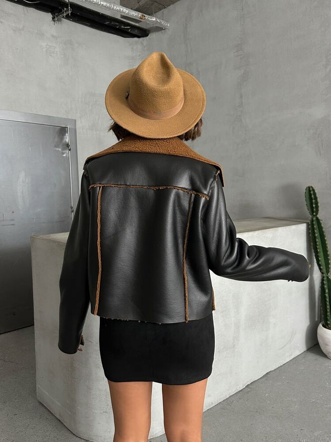 Topshow Black Brown Laminated Leather Zippered Wholesale Coat Wholesale Clothing 4