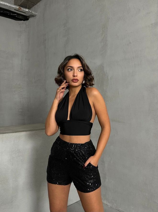 Topshow Pantalones Cortos De Vestido De Noche Al Por Mayor De Lentejuelas Negras Ropa al por mayor Fiesta