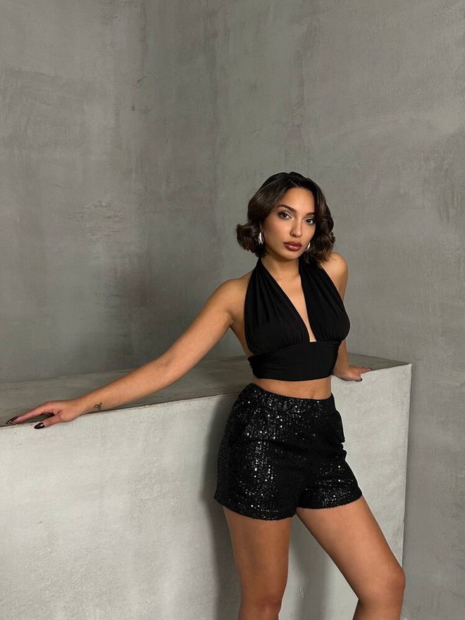 Topshow Pantalones Cortos De Vestido De Noche Al Por Mayor De Lentejuelas Negras Ropa al por mayor Otoño