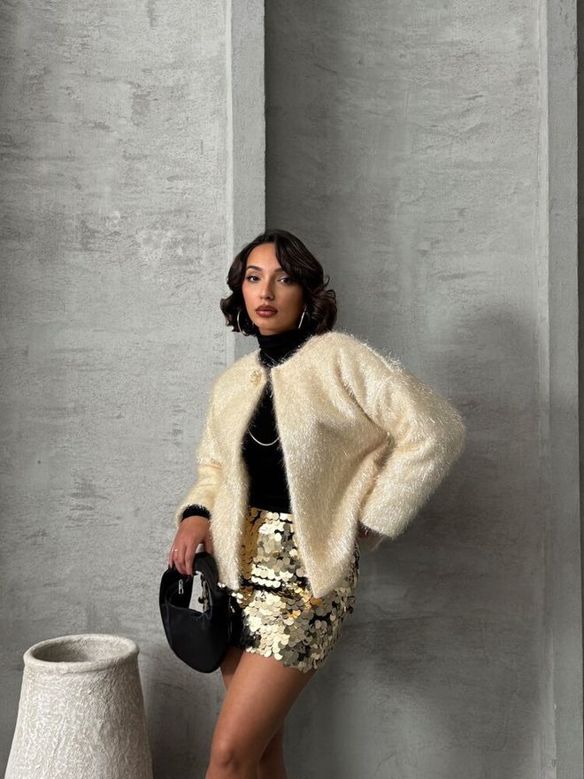 Topshow Cream Glittery Fringed Wholesale Cardigan Wholesale Clothing Cotton