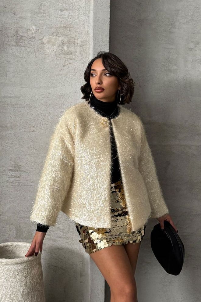 Topshow Cardigan All'ingrosso Con Frange Color Crema Glitter Abbigliamento all'ingrosso Glamour