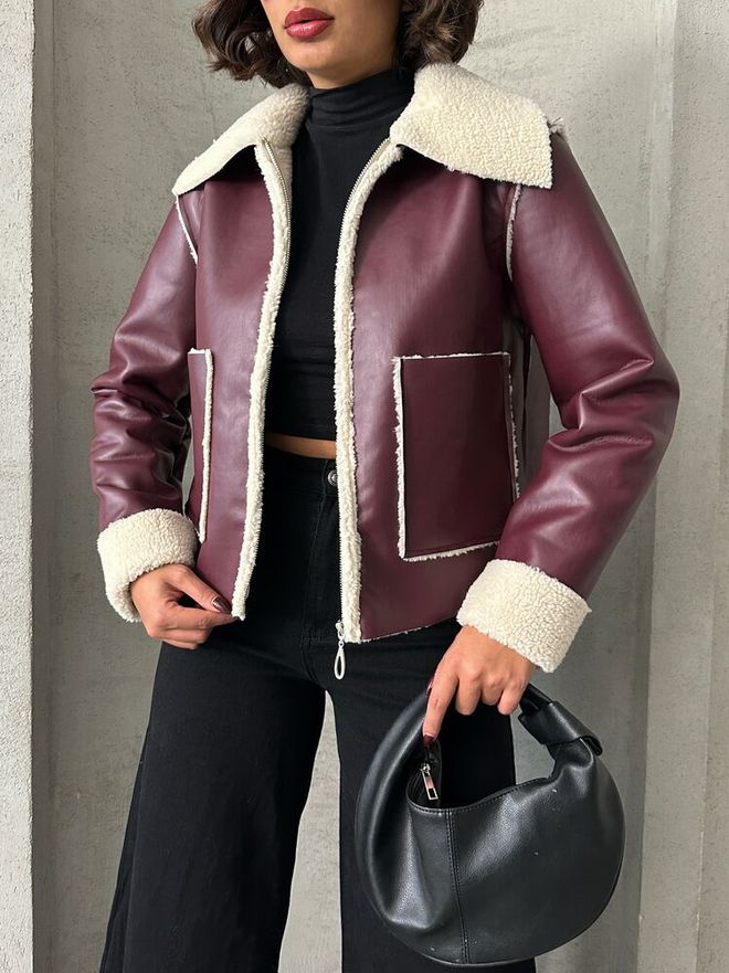 Topshow Claret Red Cream Zippered Leather Wholesale Clothing Fall