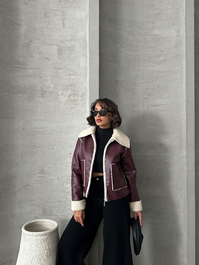 Topshow Claret Red Cream Zippered Leather Wholesale Clothing 2