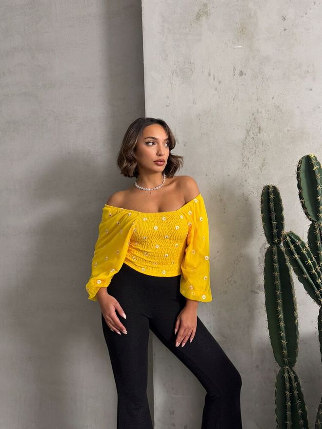 Topshow Yellow Gipel Daisy Patterned Wholesale Blouse Wholesale Clothing Polyester
