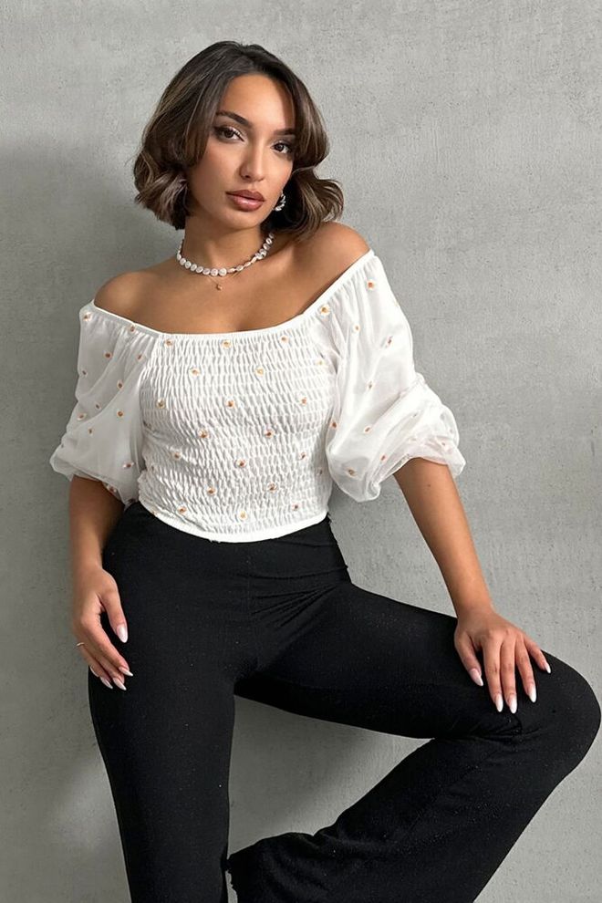 Topshow Cream Gipel Daisy Patterned Wholesale Blouse Wholesale Clothing Casual