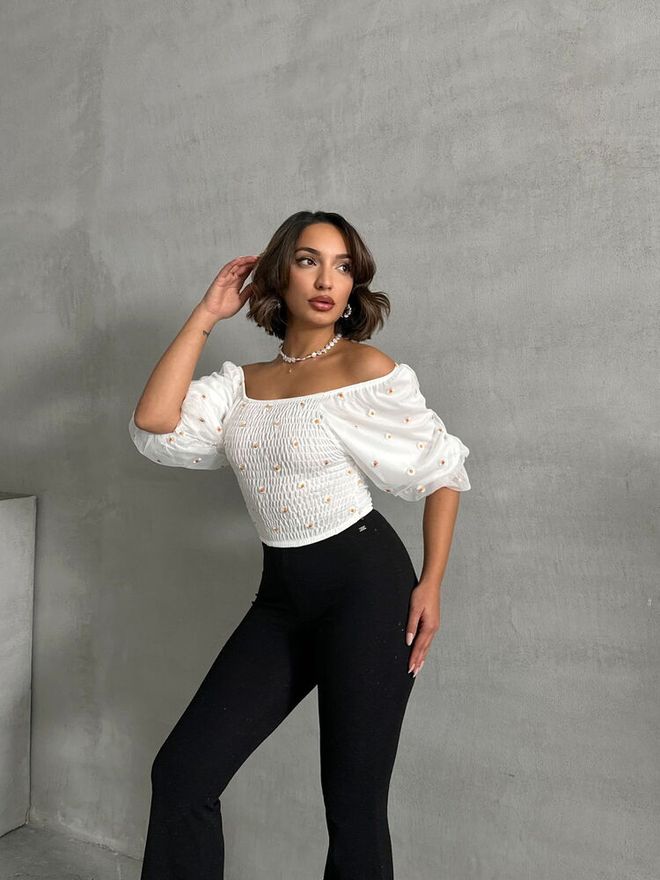 Topshow Cream Gipel Daisy Patterned Wholesale Blouse Wholesale Clothing Polyester