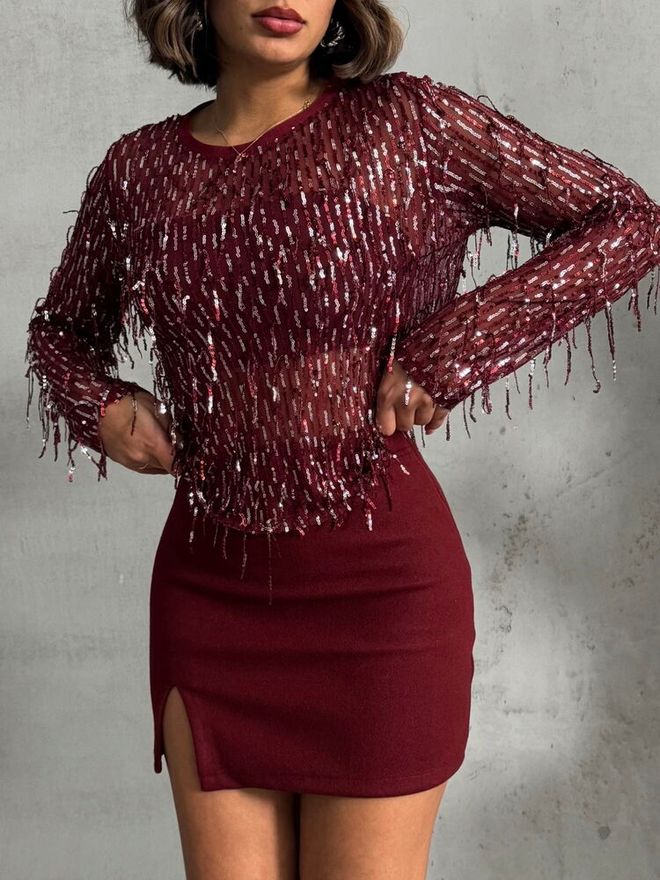 Topshow بورجوندي الفضة الترتر لوحة بلوزة ملابس بالجملة ربيع