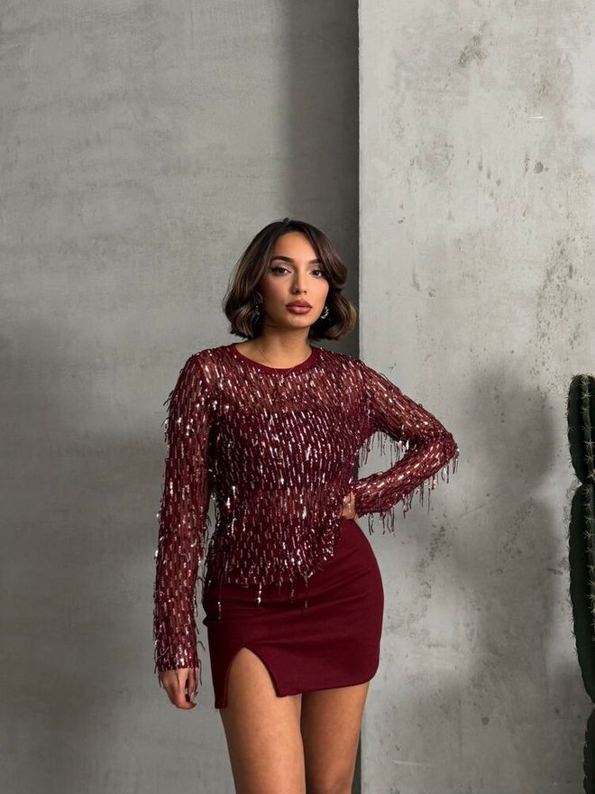 Topshow بورجوندي الفضة الترتر لوحة بلوزة ملابس بالجملة البوليستر