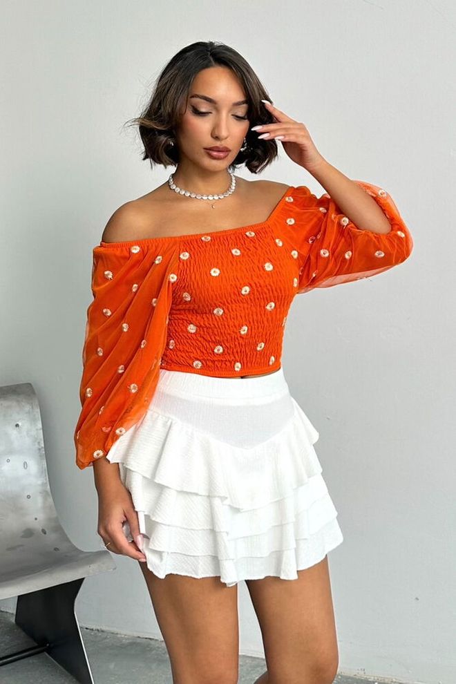 Topshow Orange Gipel Daisy Patterned Blouse Wholesale Clothing Casual