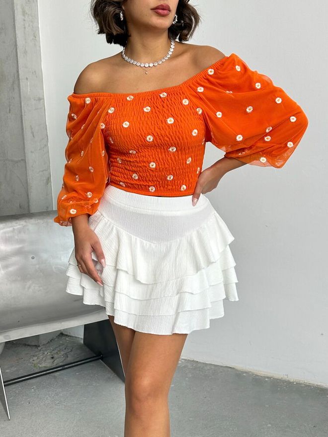 Topshow Orange Gipel Daisy Patterned Blouse Wholesale Clothing Polyester