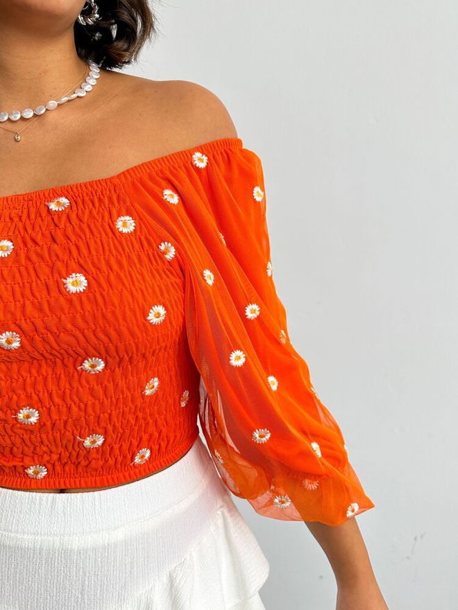 Topshow Orange Gipel Daisy Patterned Blouse Wholesale Clothing Spring
