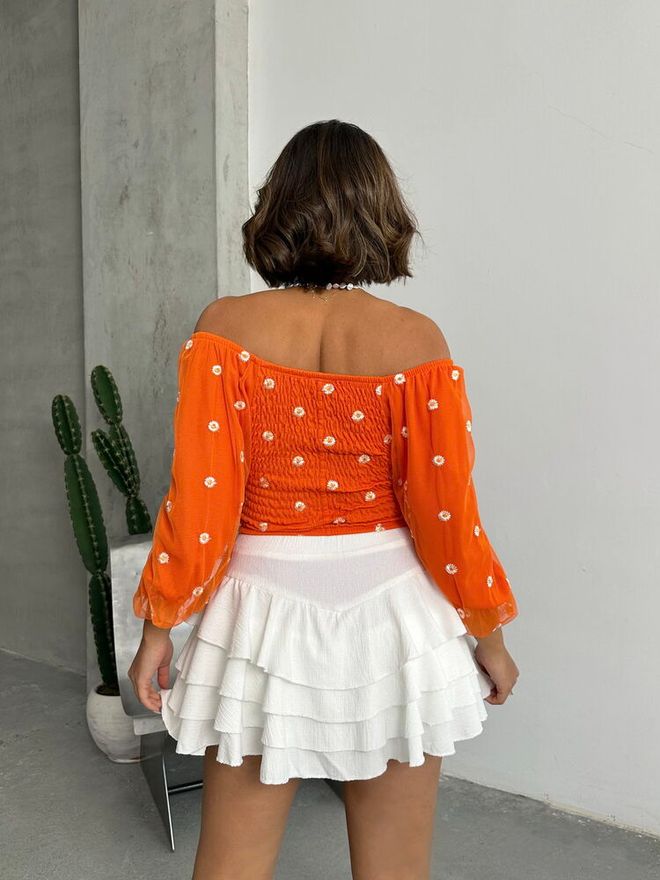 Topshow Orange Gipel Daisy Patterned Blouse Wholesale Clothing 4