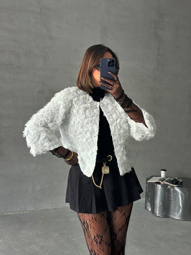 Topshow Cream Rose Patterned Tulle Wholesale Jacket Wholesale Clothing No Fabric