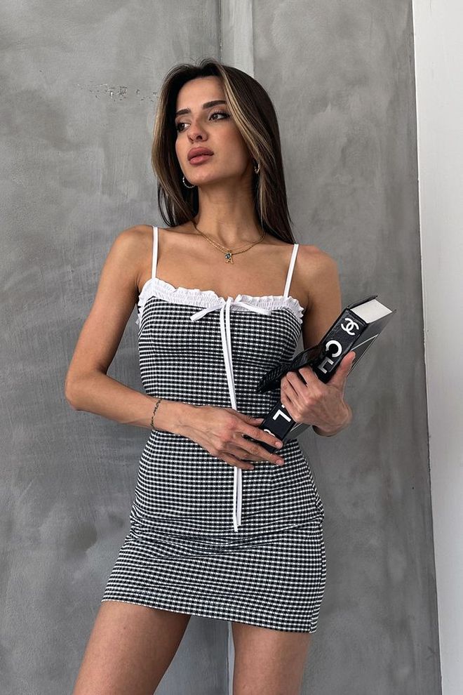 Topshow Vestido Gingham Com Tiras Preto Roupas por atacado Fofo