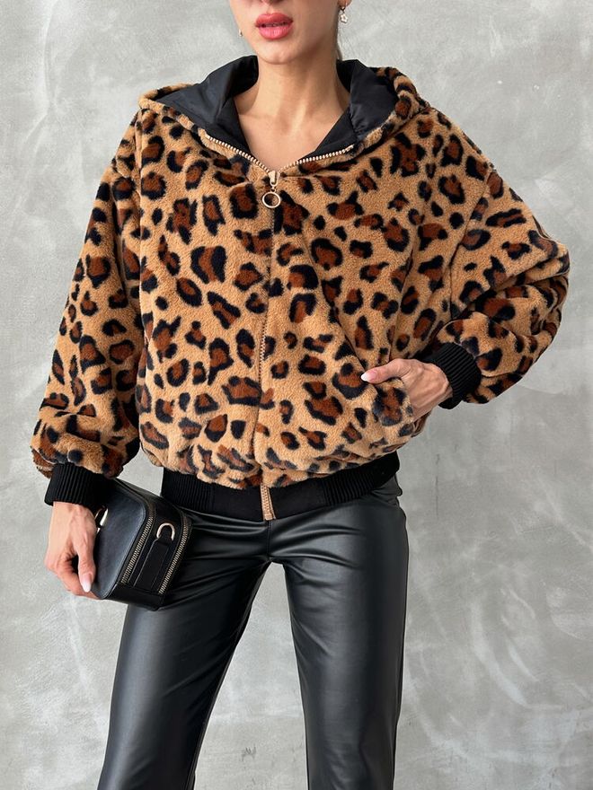 Topshow Plush Coat With Leopard Look Camel Wholesale Clothing Winter