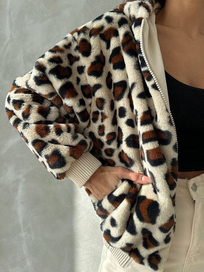 Topshow Leopard Look Plush Coat Light Stone Wholesale Clothing Polyester
