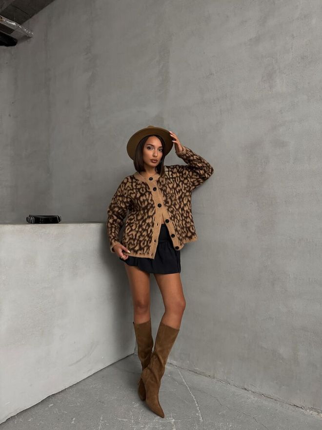 Topshow Leopard Knitted Cardigan Brown Wholesale Clothing Birthday