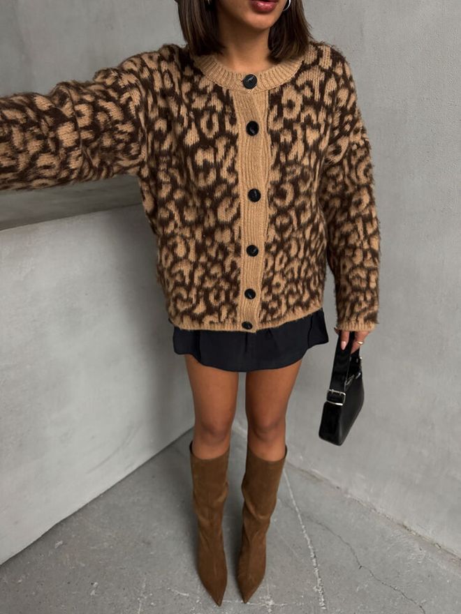 Topshow Leopard Knitted Cardigan Brown Wholesale Clothing Winter