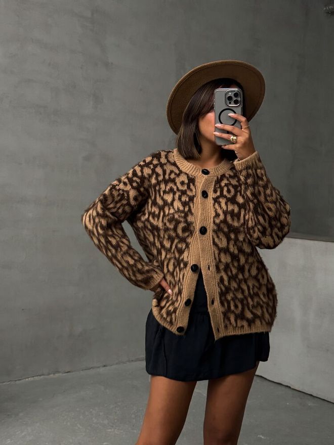 Topshow Leopard Knitted Cardigan Brown Wholesale Clothing Acrylic