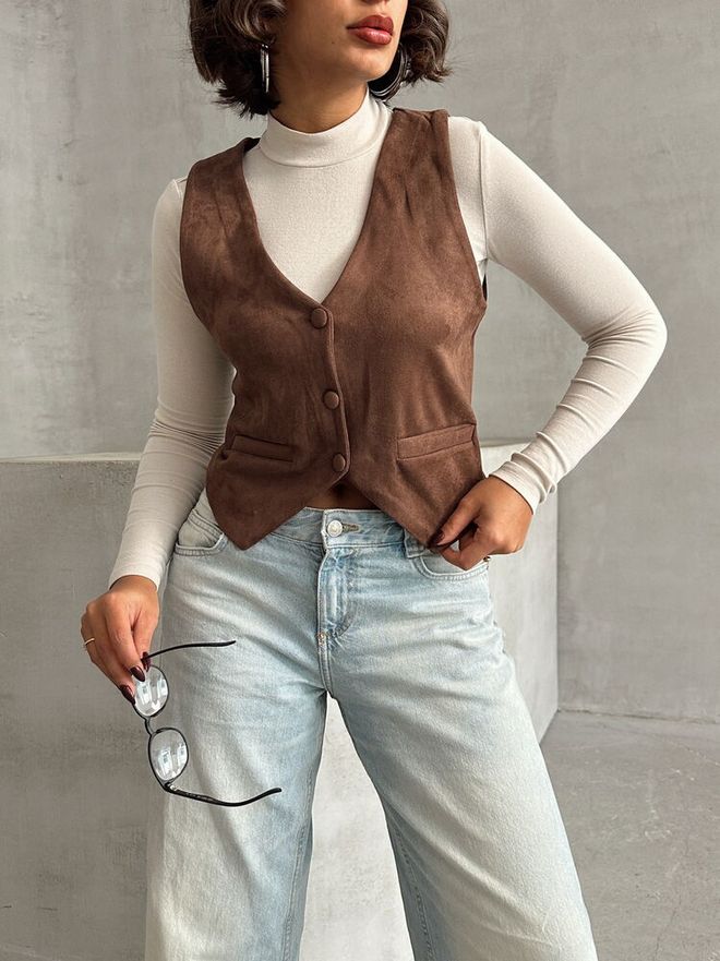 Topshow Suede Vest Brown Wholesale Clothing Winter