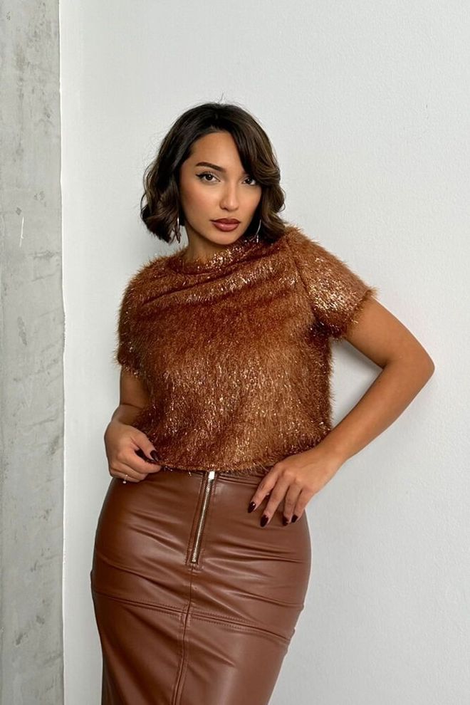 Topshow Blusa Franjas Glitter Marrom Roupas por atacado Elegante