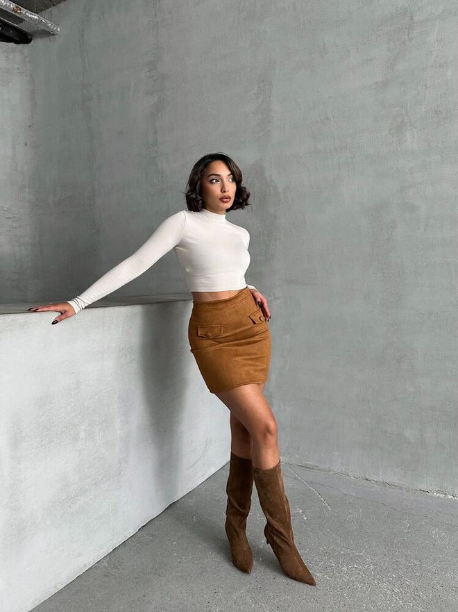 Topshow Saia Bolso Castanho Roupas por atacado Camurça