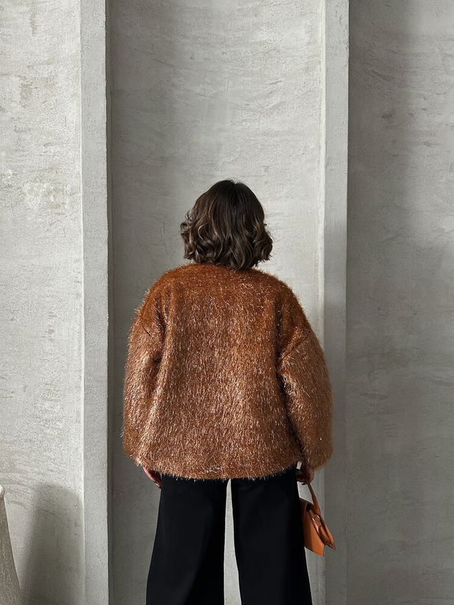 Topshow Glittery Fringed Cardigan Brown Wholesale Clothing 4