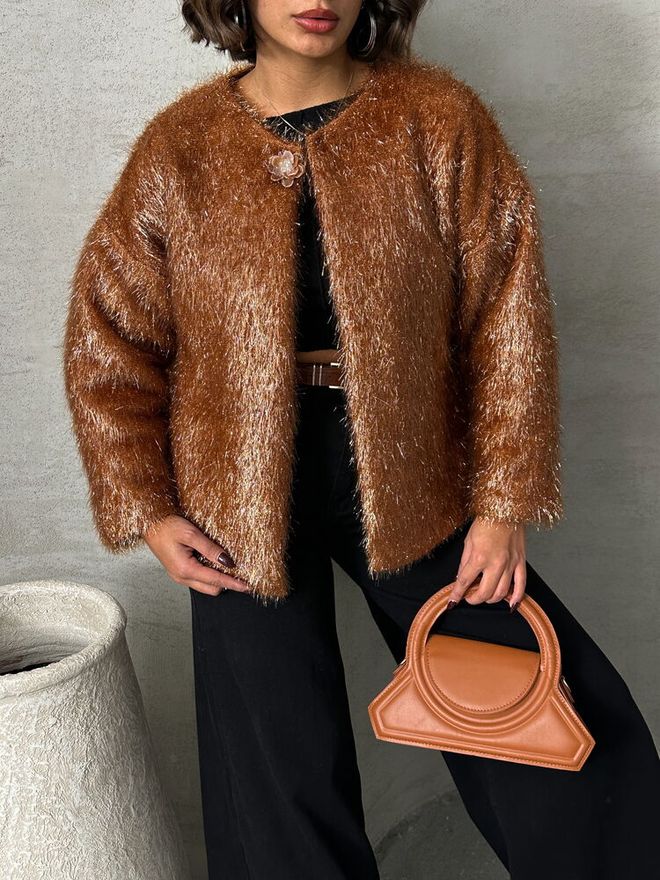 Topshow Glittery Fringed Cardigan Brown Wholesale Clothing Fall