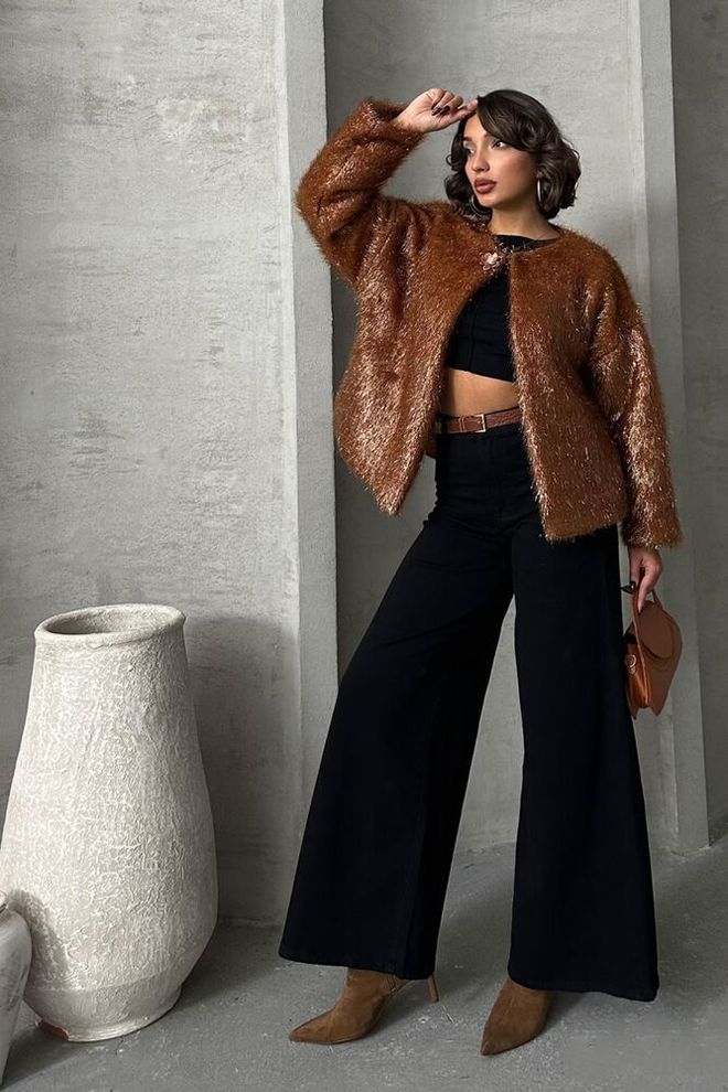 Topshow Glittery Fringed Cardigan Brown Wholesale Clothing Glam