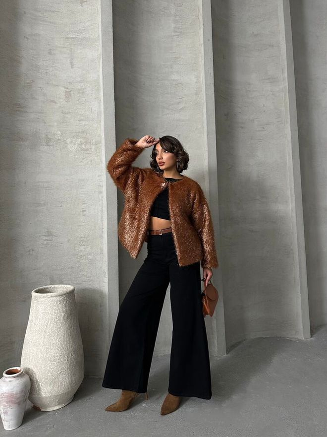 Topshow Glittery Fringed Cardigan Brown Wholesale Clothing Birthday