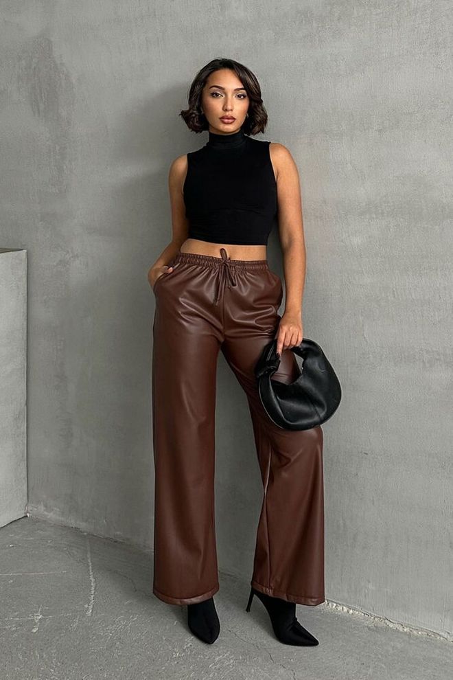 Topshow Leather Trousers Brown Wholesale Clothing Casual