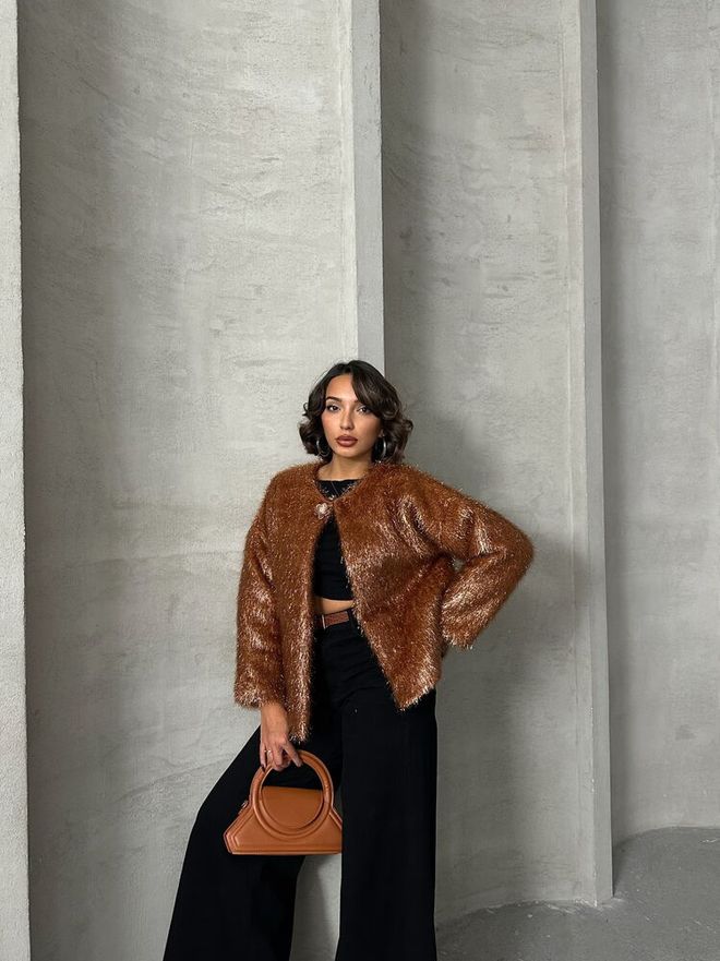 Topshow Glittery Fringed Cardigan Brown Wholesale Clothing Cotton