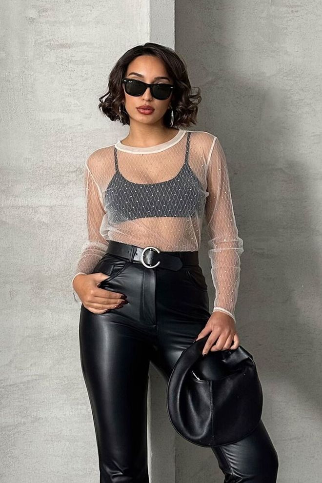 Topshow Блуза От Тюл На Точки На Камъни Камък Дрехи на едро Глем