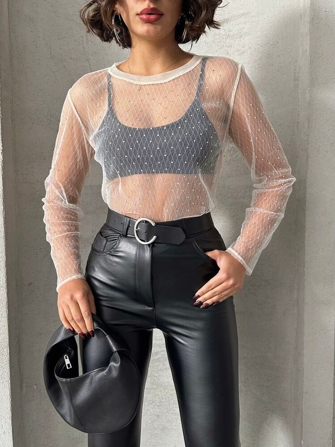 Topshow Блуза От Тюл На Точки На Камъни Камък Дрехи на едро Есен