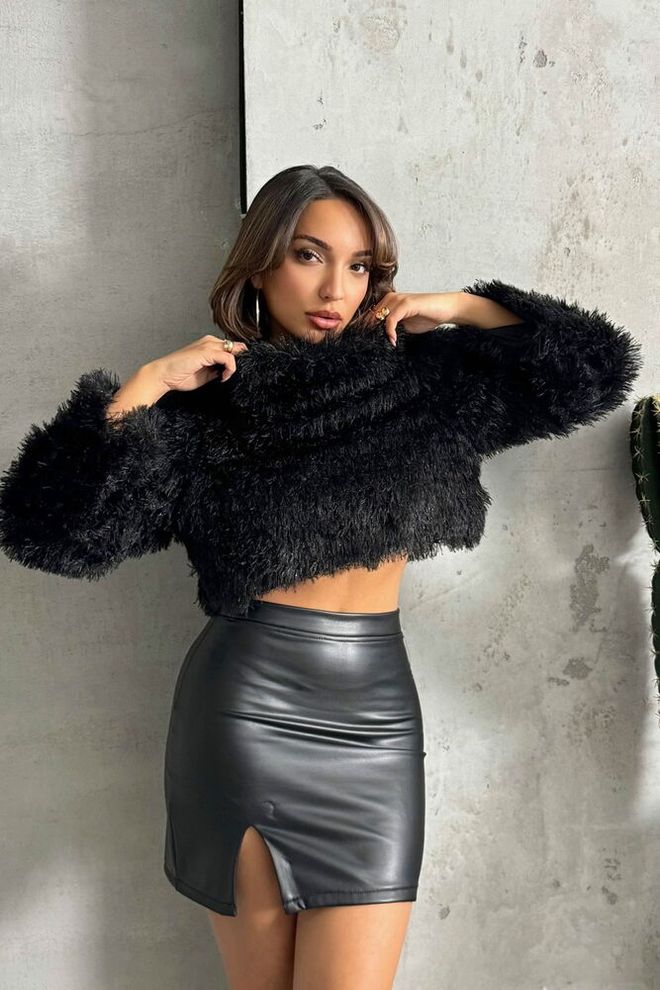 Topshow Mini saia de couro sintético preta Roupas por atacado Glamoroso