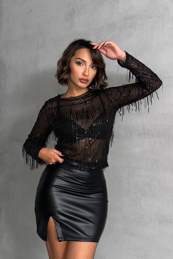 Topshow Black Sequin Sequined Blouse Wholesale Clothing Glam