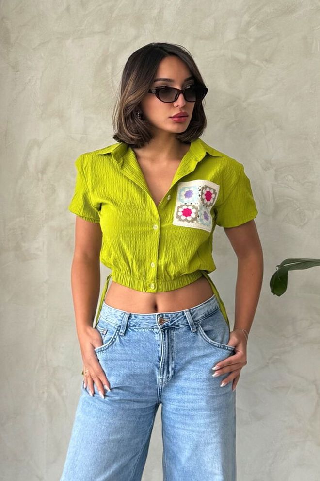 Topshow Camisa Al Por Mayor Con Bolsillos Bordados Elásticos En La Cintura Verde Pistacho Ropa al por mayor Casual