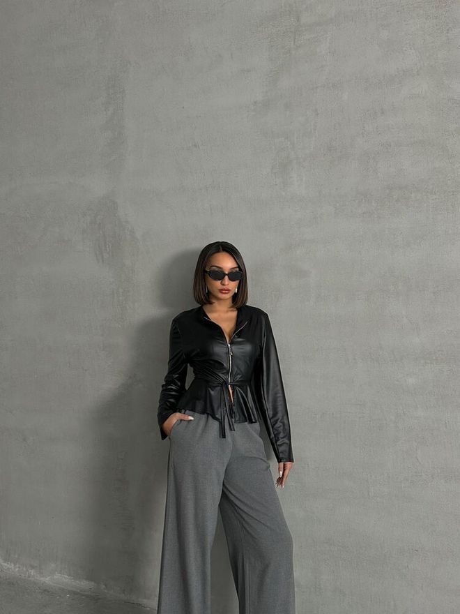 Topshow Tanka Usnjena Jakna S Črno Zadrgo Oblačila na debelo 2